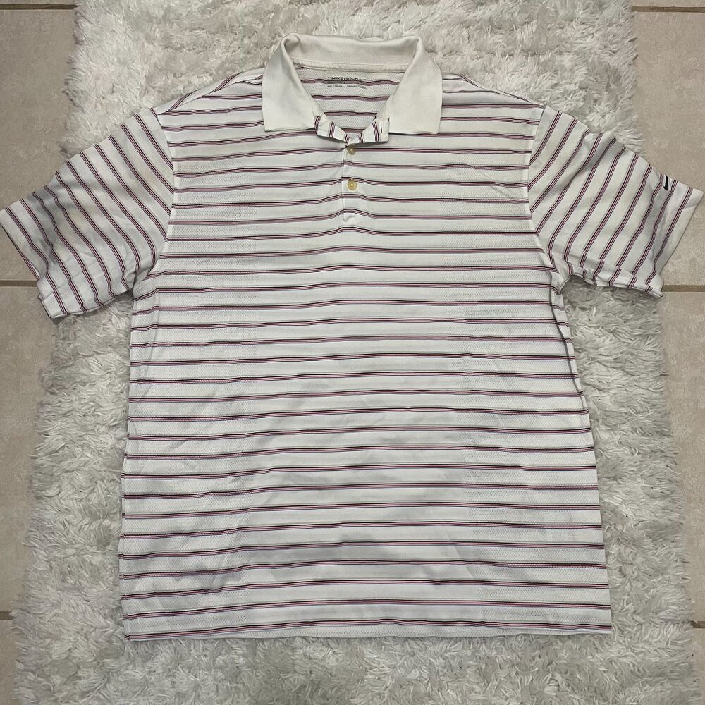NIKE GOLF Fit Dry Collared Mens Large Striped White Red Blue Active Shirt